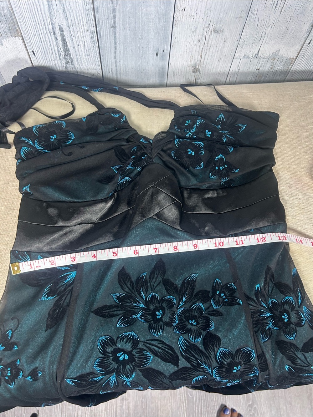 Y2K Le Château Black Teal Floral Mesh Midi Dress Scarf Ruched Goth Glam M - Picture 10 of 11